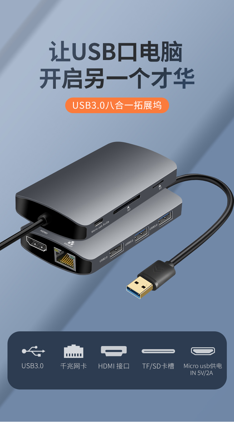 USB3.0八合一多功能扩展坞